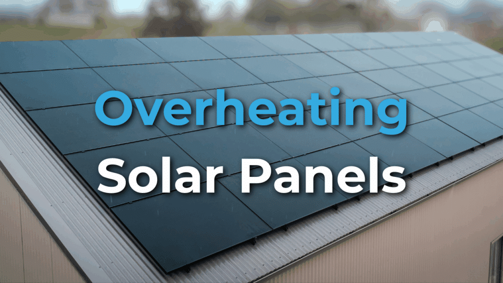 A close-up view of a building’s roof covered with solar panels. Text on the image reads: "Overheating Solar Panels.