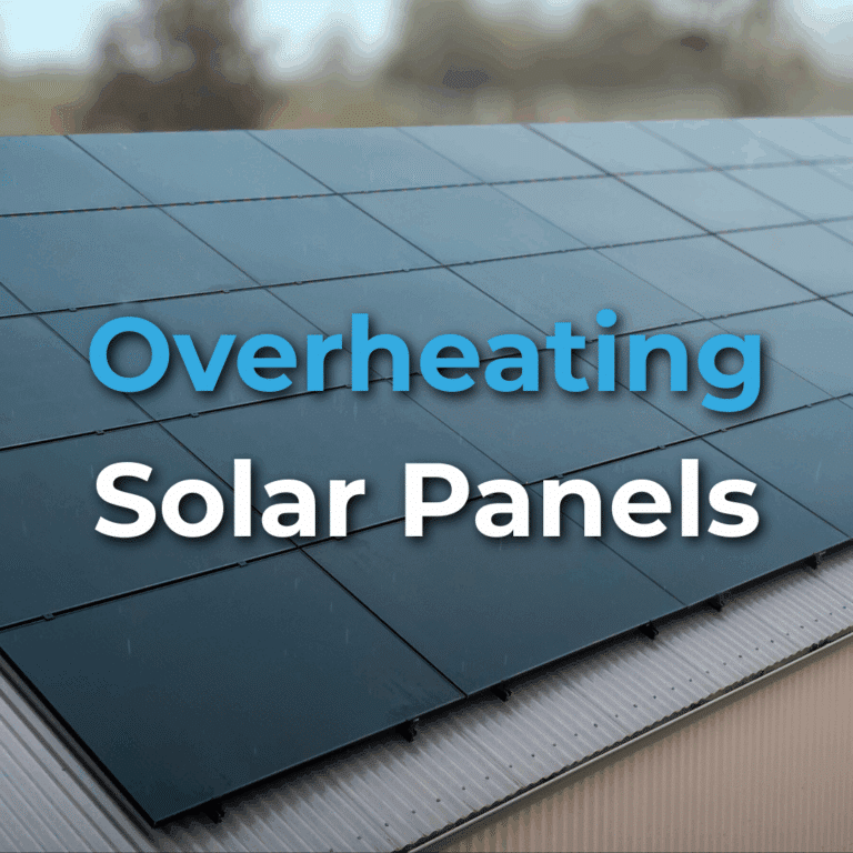 A row of solar panels installed on a rooftop, with the words "Overheating Solar Panels" overlaid on the image.