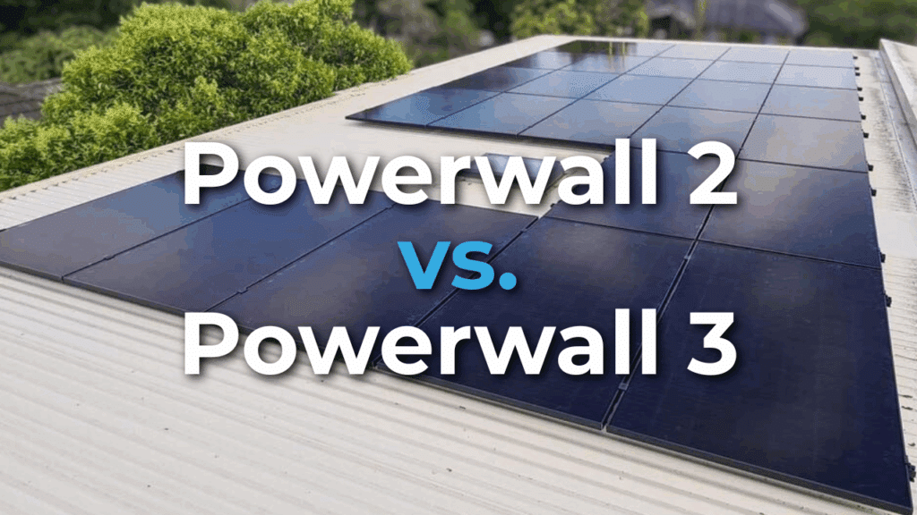 Solar panels installed on a rooftop with the text "Powerwall 2 vs. Powerwall 3" overlayed in large font.