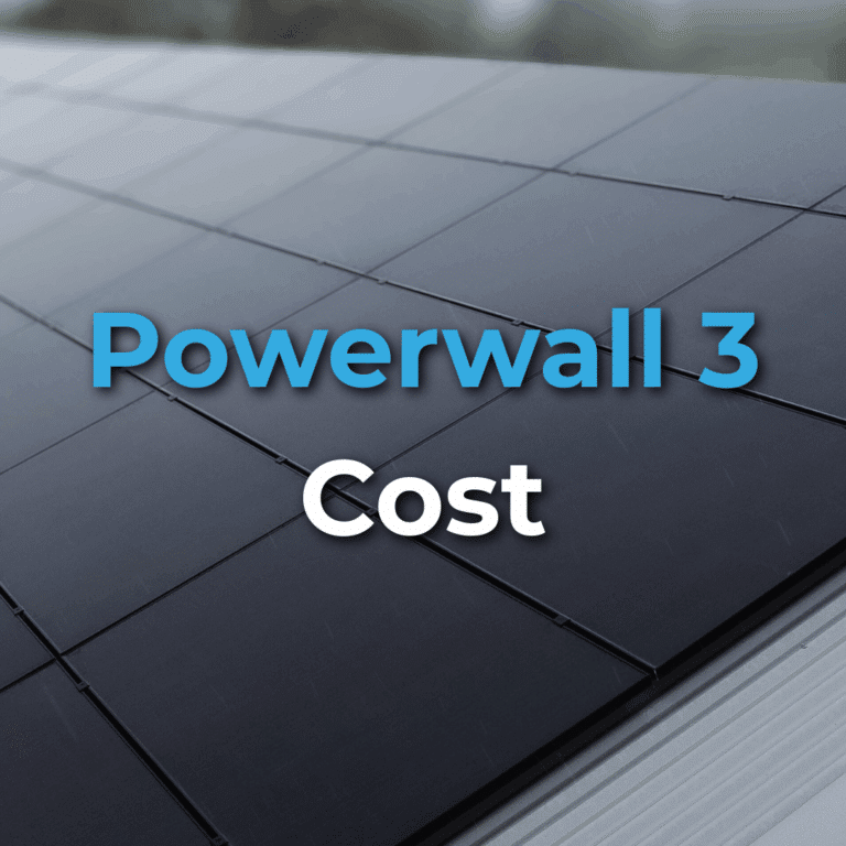 Close-up of black solar panels on a roof with the text "Powerwall 3 Cost" overlaid in blue and white letters.