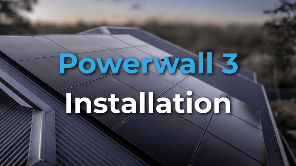 A rooftop with solar panels and blurred trees in the background. Text on the image reads "Powerwall 3 Installation.