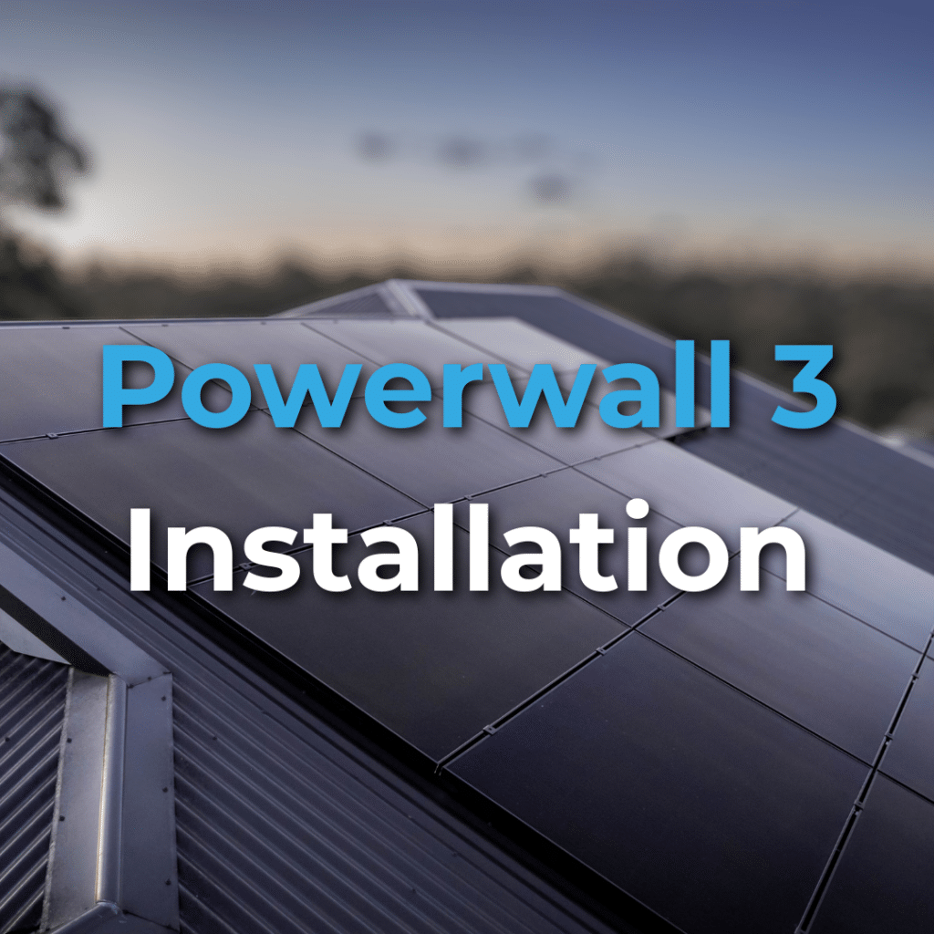 A rooftop with solar panels at sunset, overlaid with the words "Powerwall 3 Installation" in bold text.