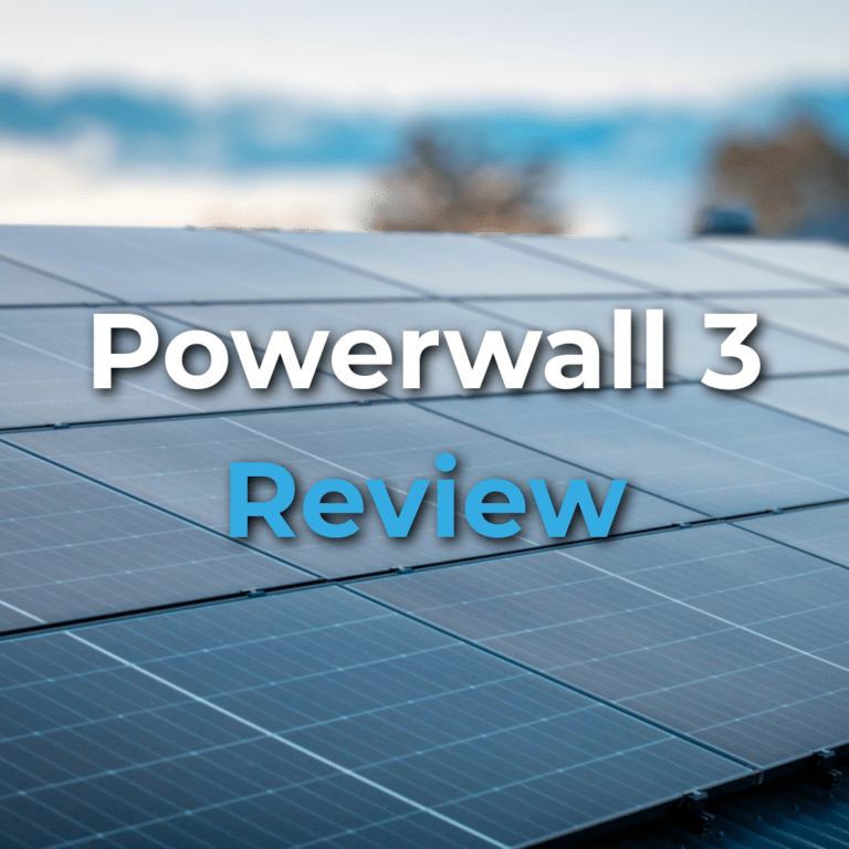Close-up of solar panels with blurred background, overlaid text reads "Powerwall 3 Review" in white and blue letters.