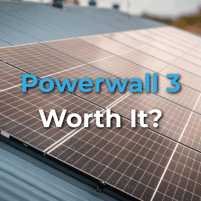 A close-up of solar panels installed on a rooftop with the text "Powerwall 3 Worth It?" overlaid in bold blue and white letters.