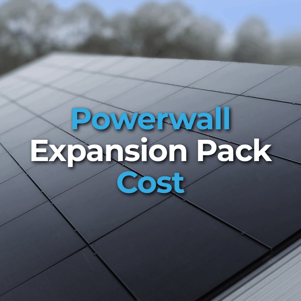 Close-up of black solar panels on a rooftop with the text "Powerwall Expansion Pack Cost" overlaid in the center.
