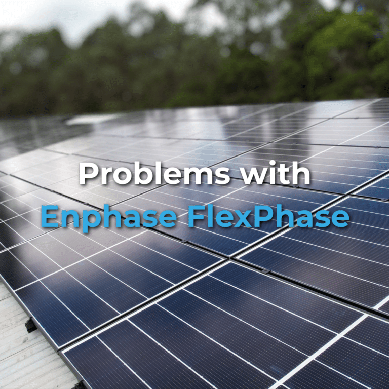 Close-up of solar panels outdoors with the text "Problems with Enphase FlexPhase" overlaid in the center. Trees are visible in the background.