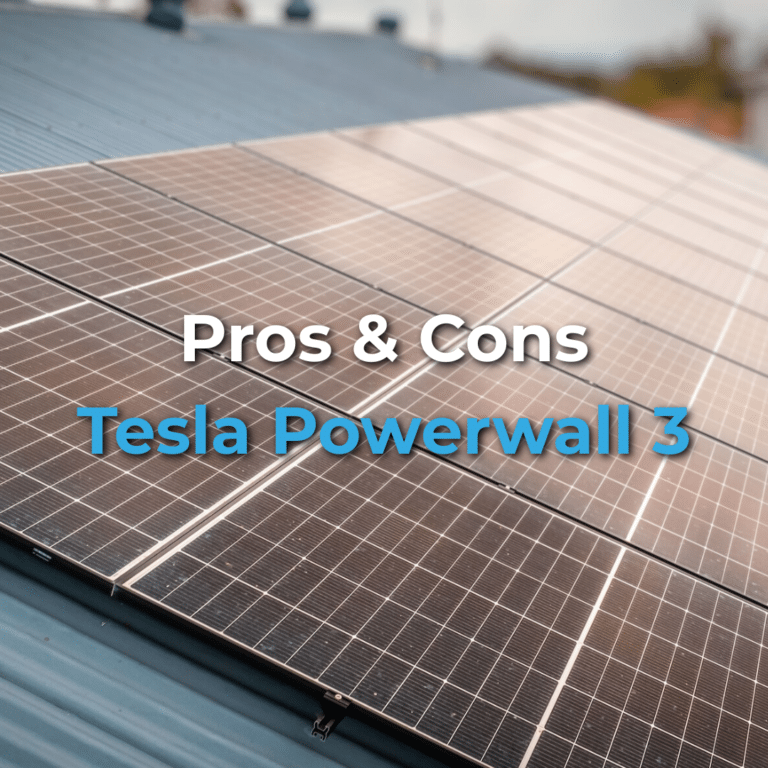 Close-up view of solar panels mounted on a roof with the text "Pros & Cons Tesla Powerwall 3" overlaid at the center.