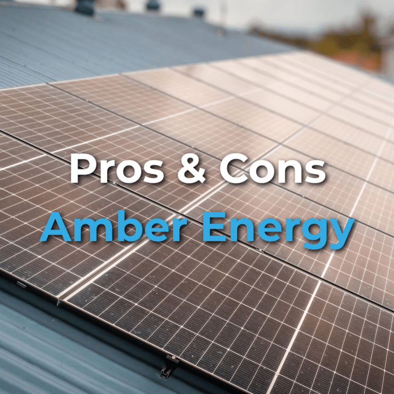 Close-up of solar panels on a metal roof with the text "Pros & Cons Amber Energy" written over the image.