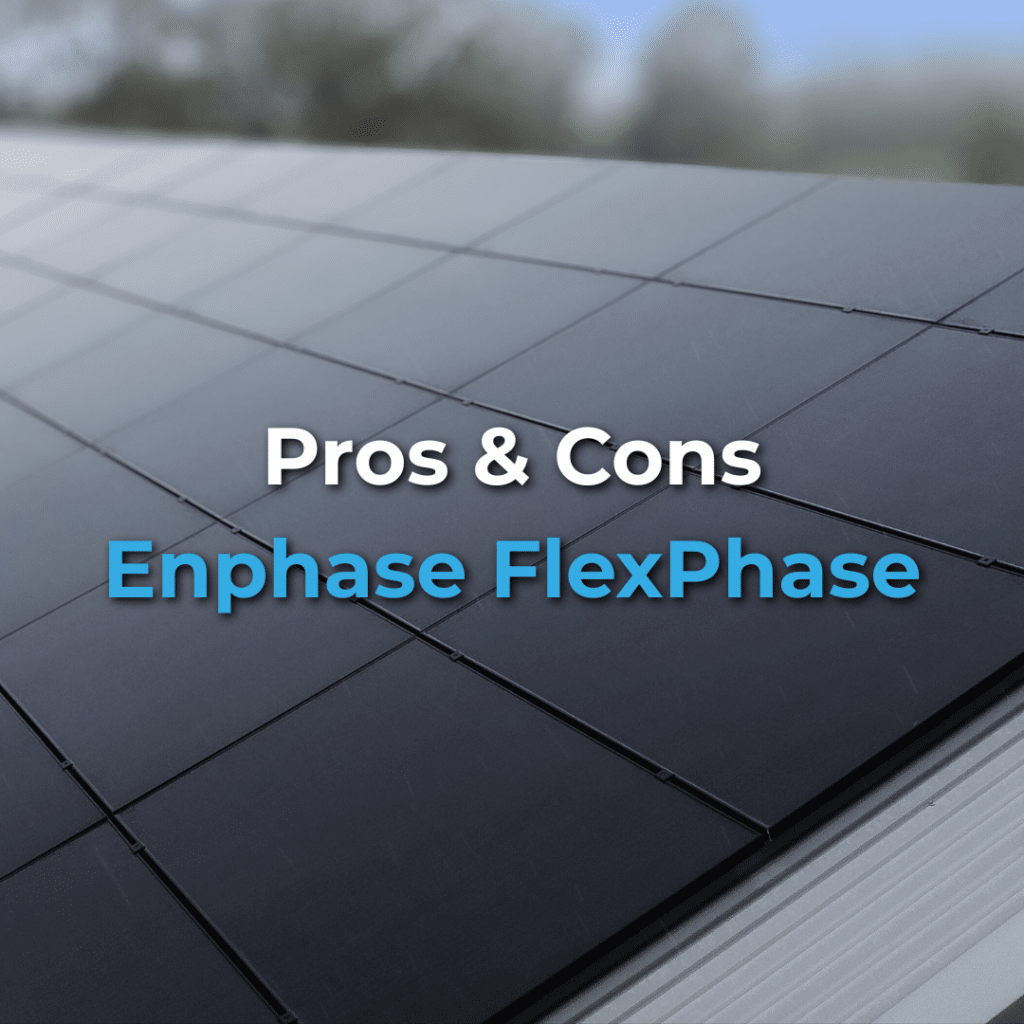 Close-up of solar panels on a roof with the text "Pros & Cons Enphase FlexPhase" overlaid in the center.