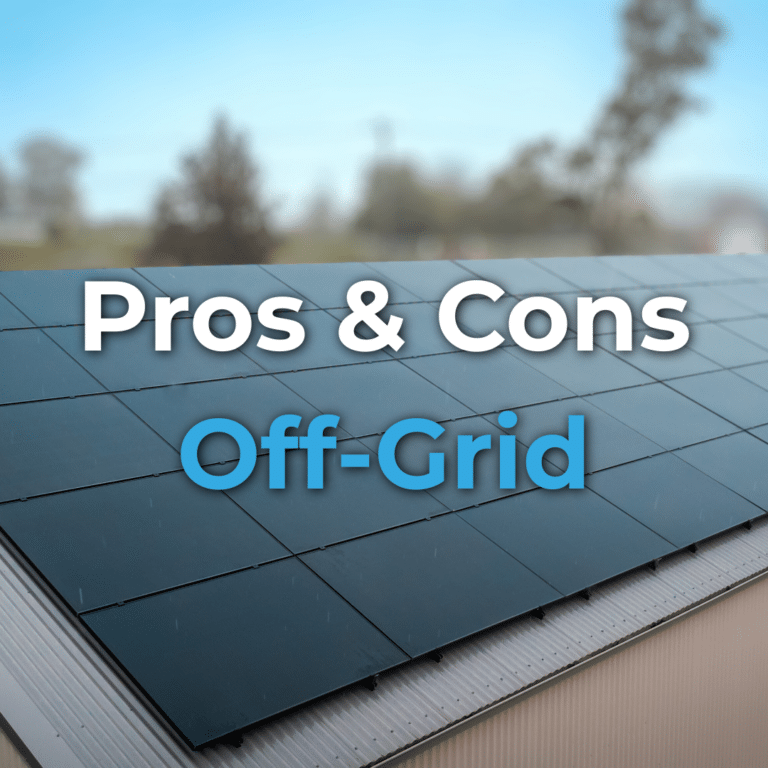 A rooftop with solar panels and blurred trees in the background. Text over image reads: "Pros & Cons Off-Grid.