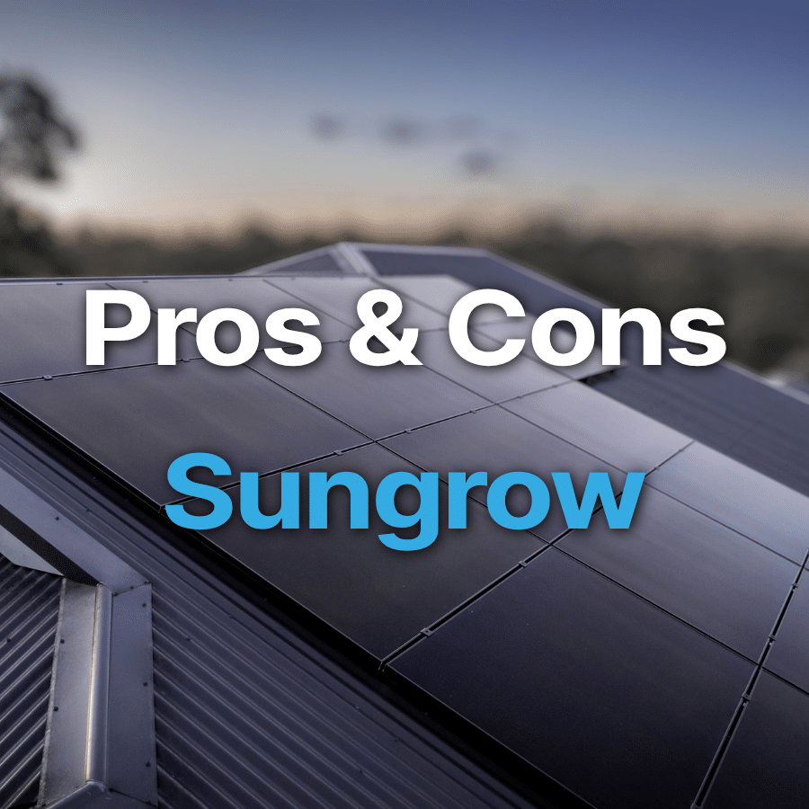 Close-up of solar panels installed on a rooftop with the text "Pros & Cons Sungrow" overlaid on the image.