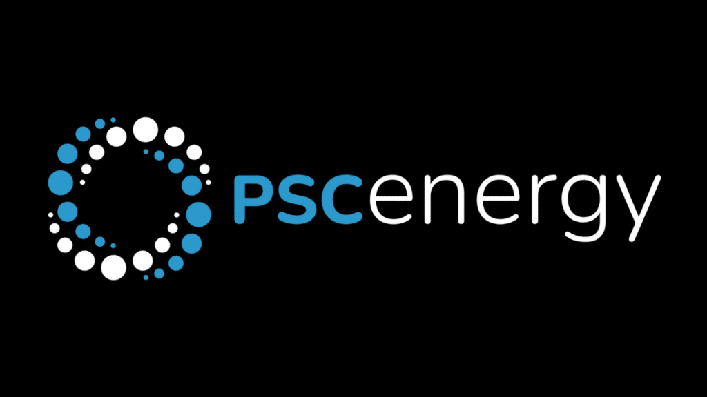 Logo of PSC Energy with blue and white text and circular dot design on a black background.