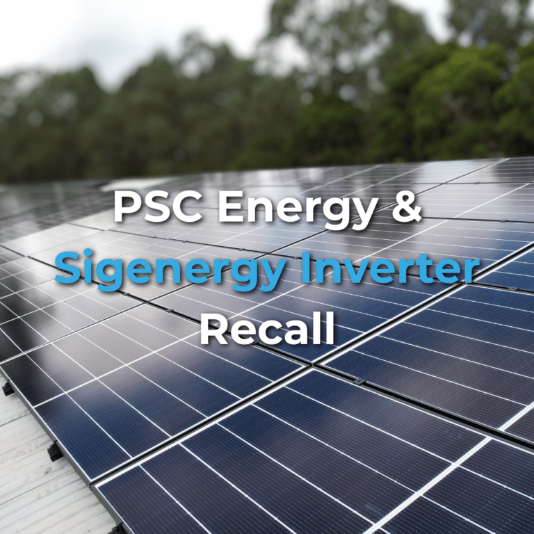 Close-up of solar panels outdoors with text: "PSC Energy & Sigenergy Inverter Recall.