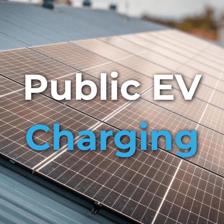 Solar panels installed on a metal roof with the text "Public EV Charging" overlaid on the image.