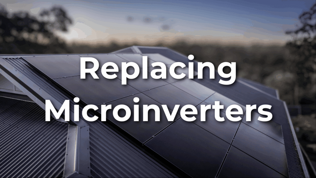 A rooftop covered with solar panels at sunset, overlaid with the text "Replacing Microinverters.