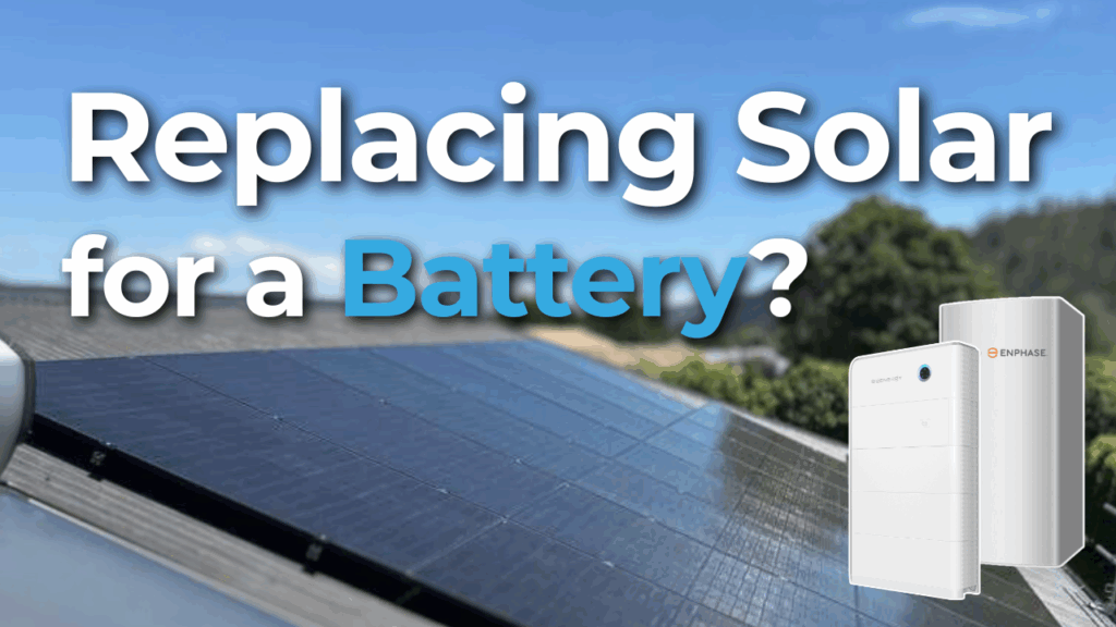A rooftop solar panel with two home battery units, accompanied by the text: "Replacing Solar for a Battery?" against a blue sky background.