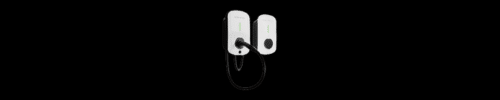 Two white wall-mounted electric vehicle charging units with indicator lights, one with a cable and plug attached, on a black background.