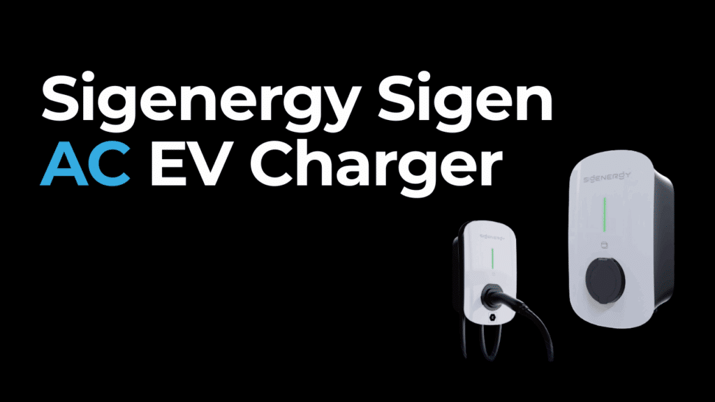 Two wall-mounted Sigenergy Sigen AC EV chargers are shown with one displaying a plugged-in charging cable and both featuring a vertical green status light.