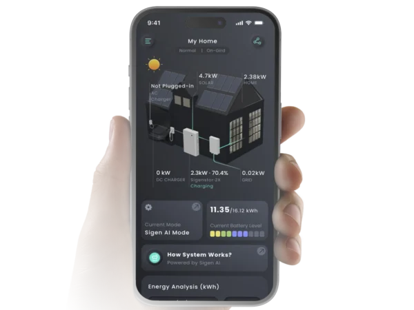 A hand holds a smartphone displaying a home energy monitoring app with solar panel data, battery status, and energy usage details.