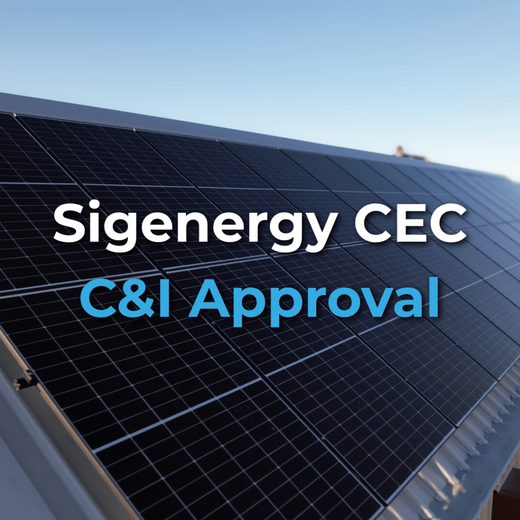 Large solar panel array on a rooftop with the text "Sigenergy CEC C&I Approval" displayed over the image.