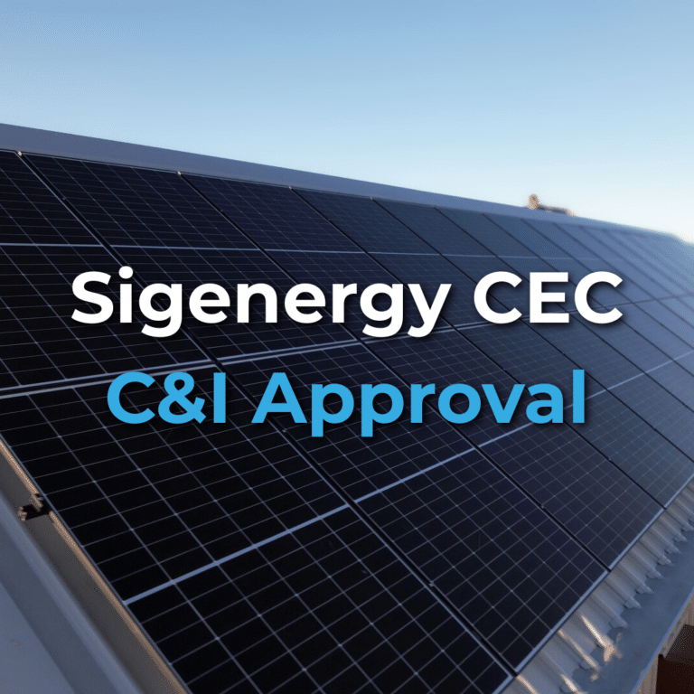 Large solar panel array on a rooftop with the text "Sigenergy CEC C&I Approval" displayed over the image.