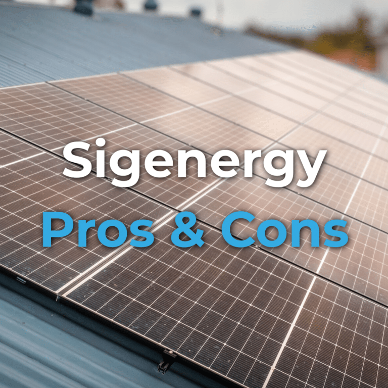 Close-up view of solar panels installed on a roof with the text "Sigenergy Pros & Cons" overlaid in white and blue lettering.