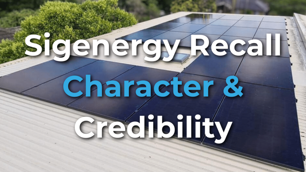 Solar panels installed on a rooftop with the text "Sigenergy Recall Character & Credibility" overlaid.