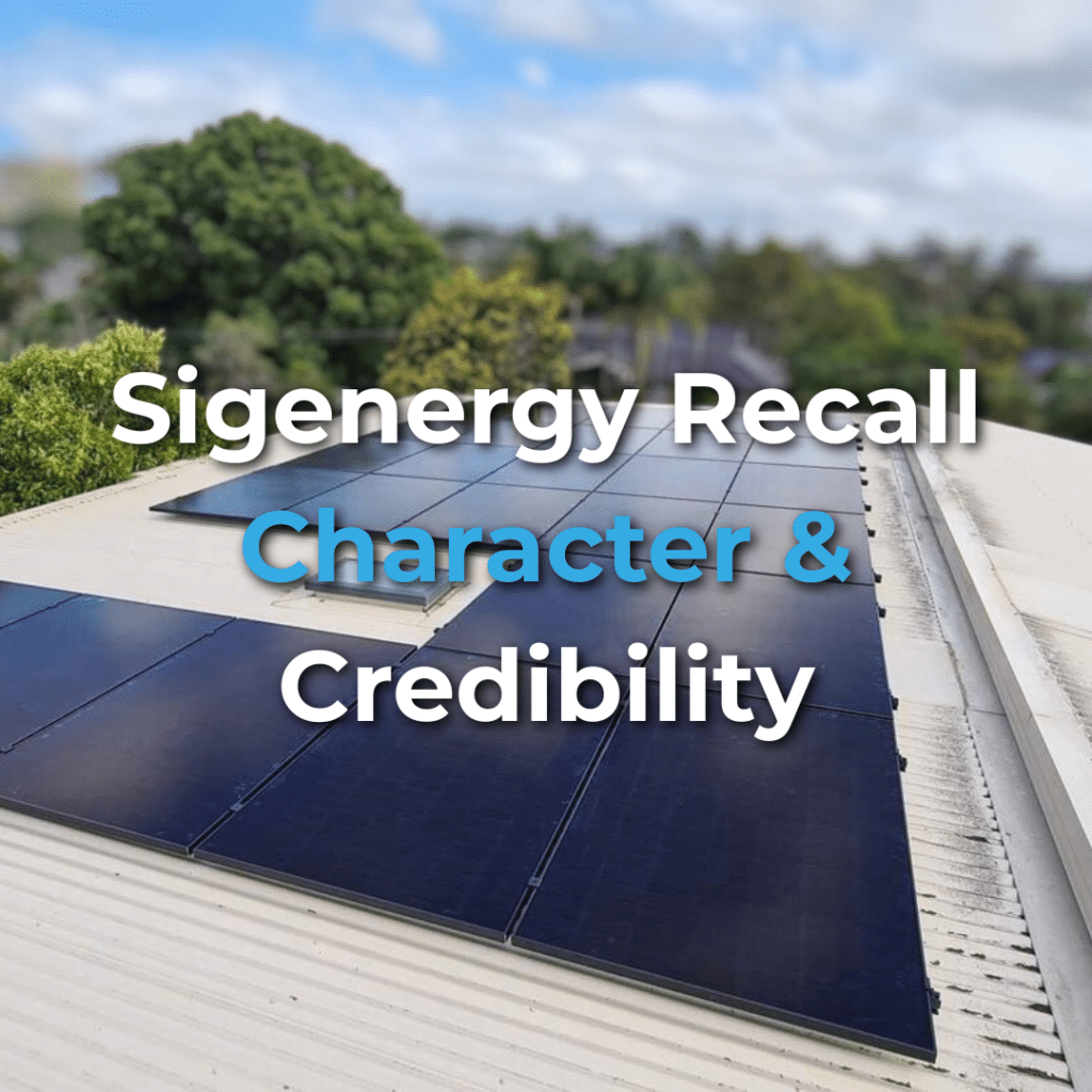 Rows of black solar panels are installed on a white metal rooftop with trees and a cloudy sky in the background. Text on the image reads: "Sigenergy Recall Character & Credibility.