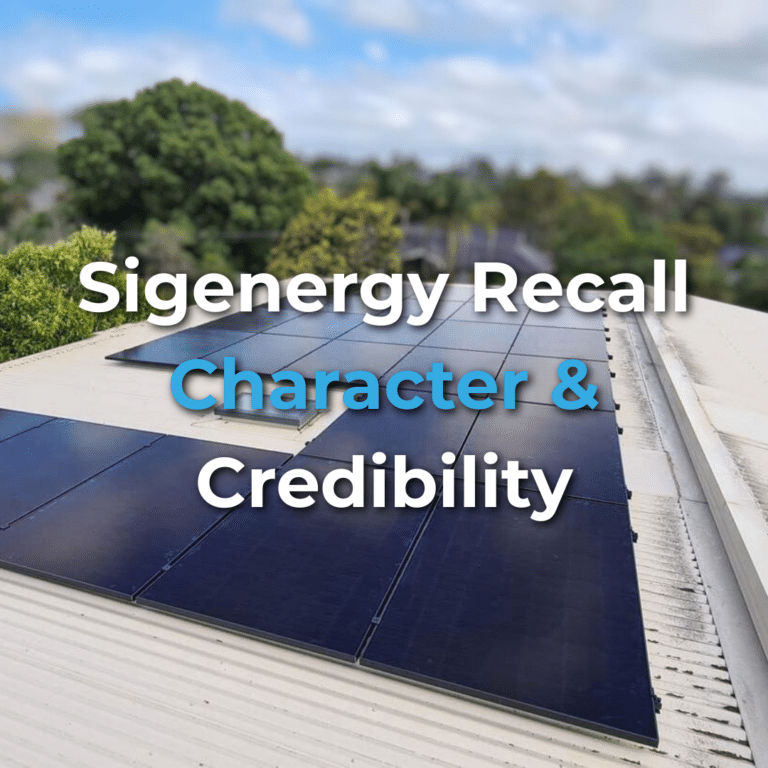 Rows of black solar panels are installed on a white metal rooftop with trees and a cloudy sky in the background. Text on the image reads: "Sigenergy Recall Character & Credibility.