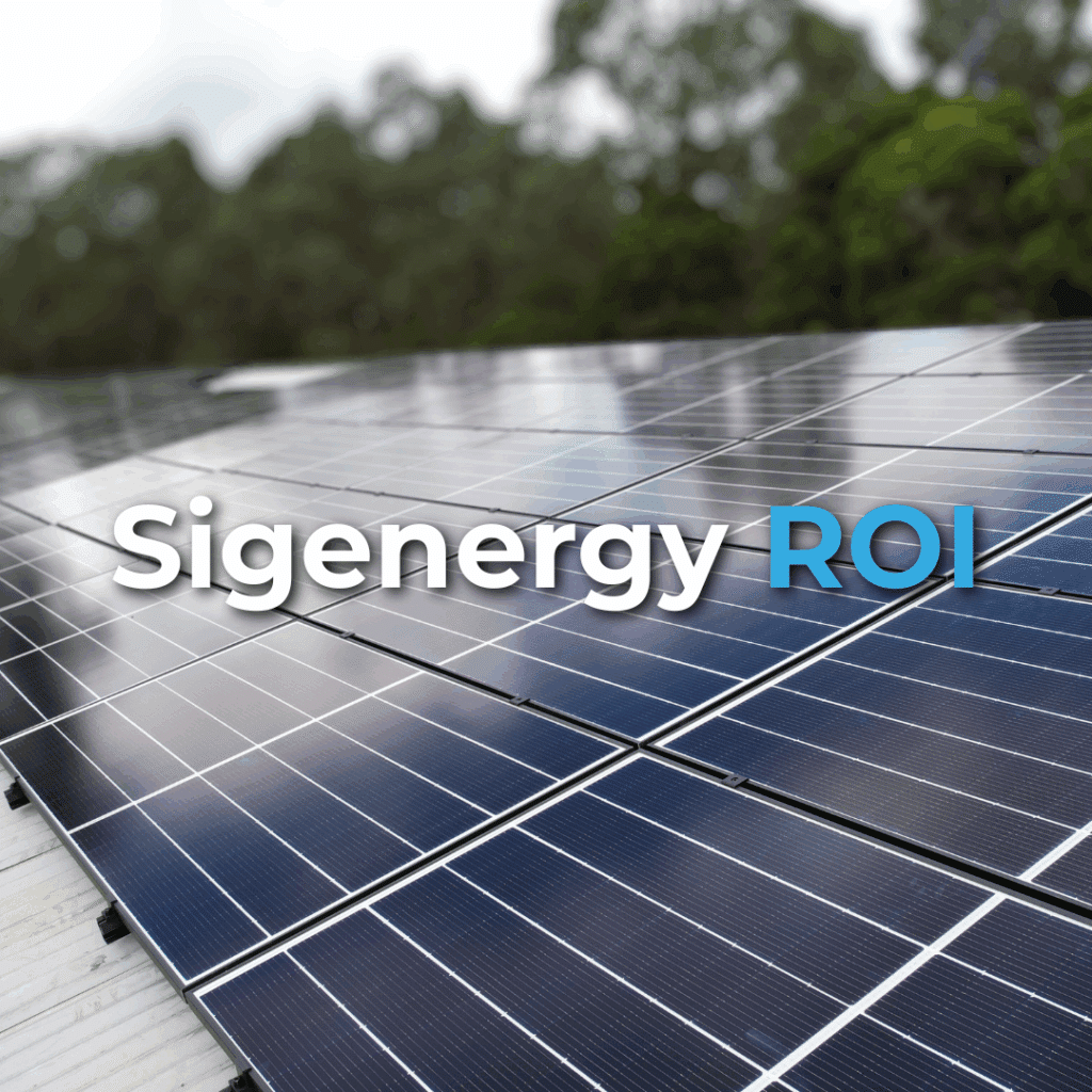 Rows of solar panels on a rooftop, with the text "Sigenergy ROI" displayed over the image. Trees and a cloudy sky are visible in the background.