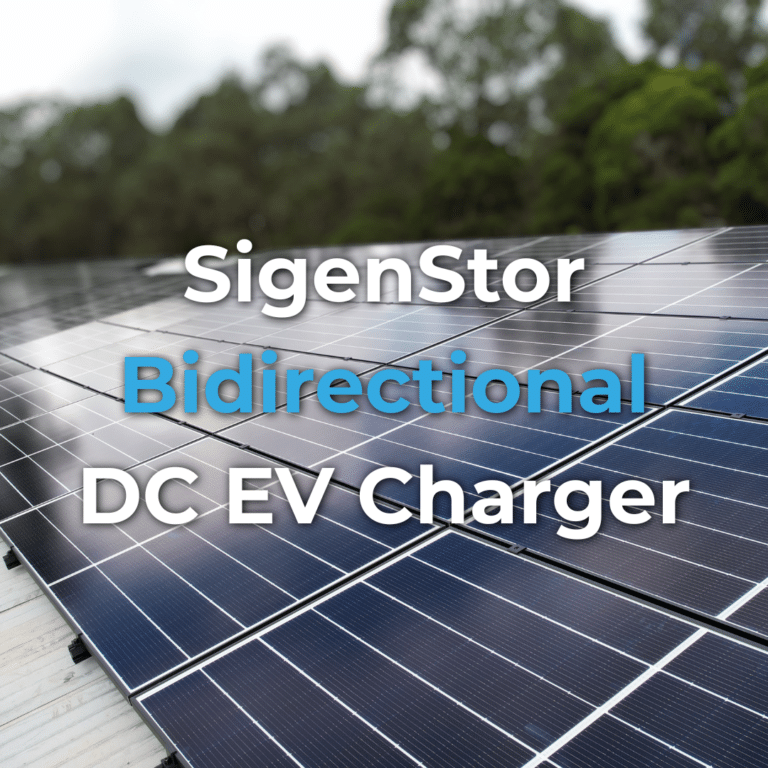 Rows of solar panels outdoors with the words "SigenStor Bidirectional DC EV Charger" overlaid in large white and blue text.