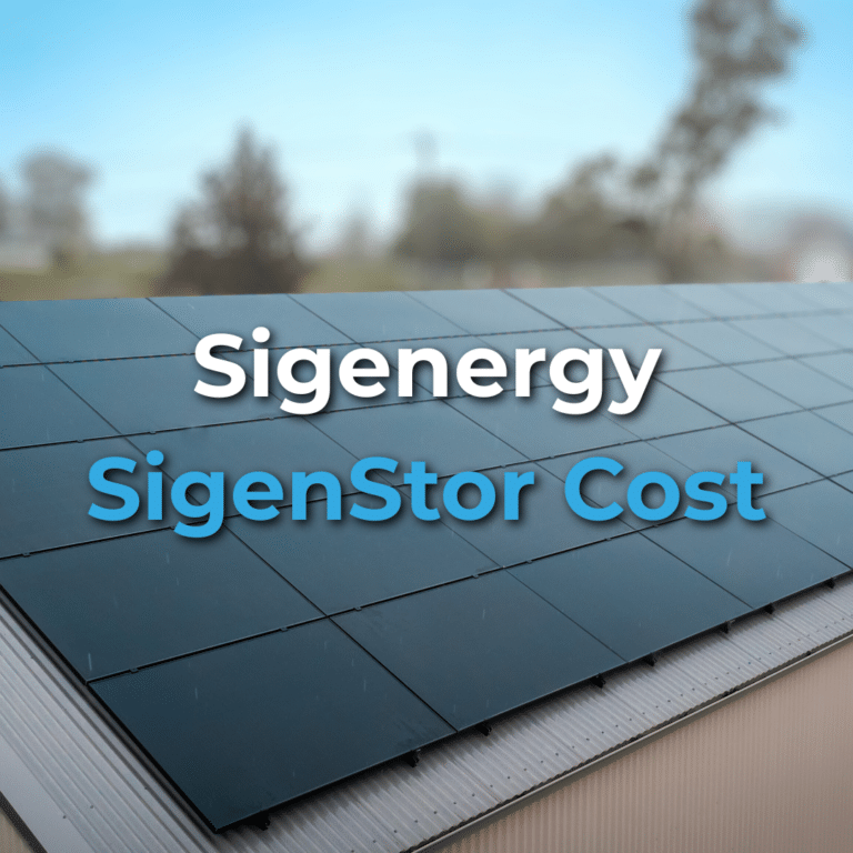 A rooftop with black solar panels and text overlay reading “Sigenergy SigenStor Cost.”.
