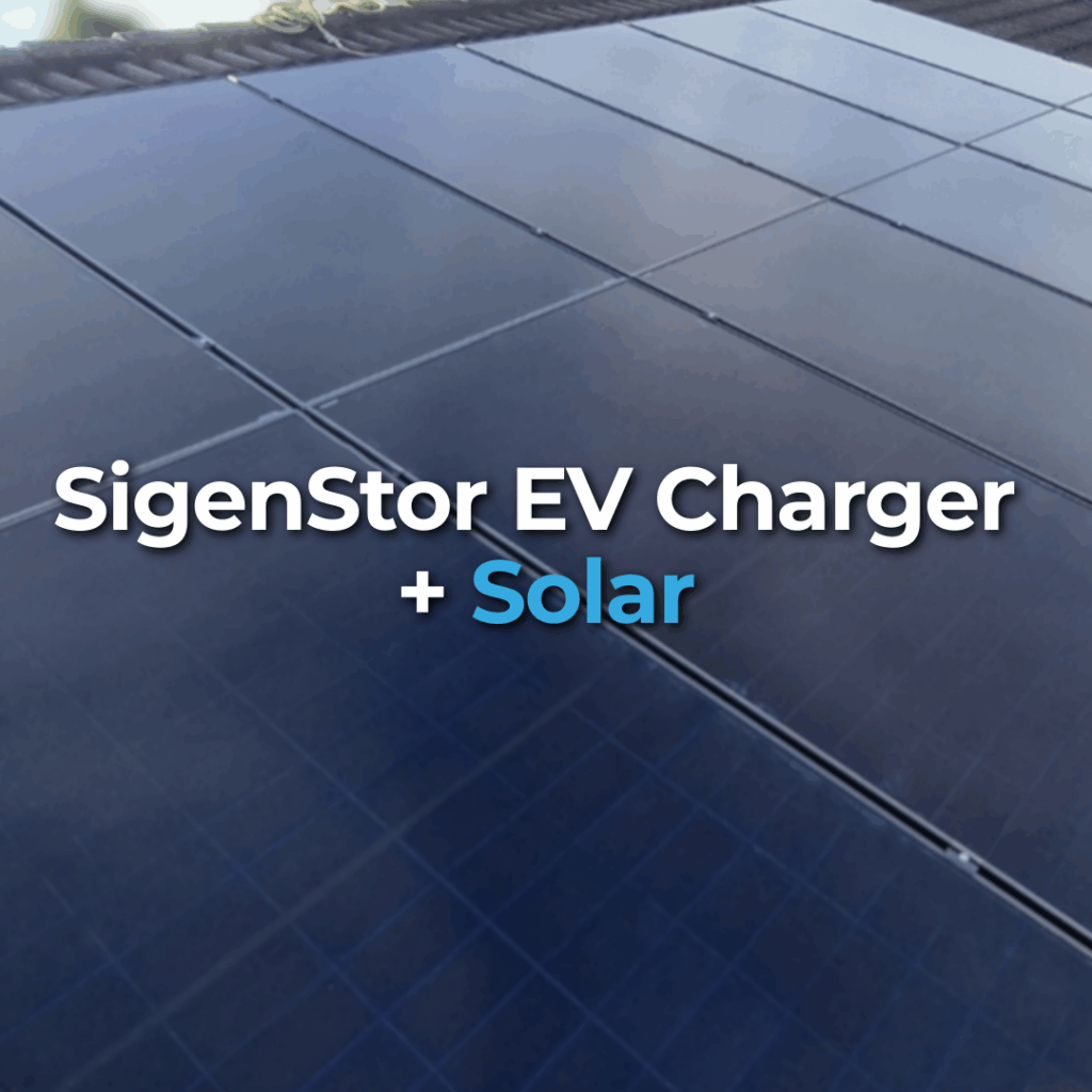 Close-up of rooftop solar panels with the text "SigenStor EV Charger + Solar" overlaid at the center.