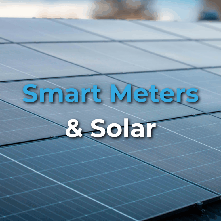 Rows of solar panels with the words "Smart Meters & Solar" overlaid in blue and white text.
