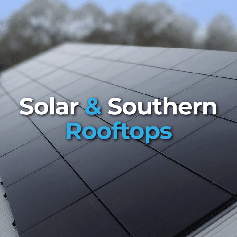 Close-up of solar panels installed on a rooftop with the text "Solar & Southern Rooftops" overlaid in the center. Trees and sky are blurred in the background.