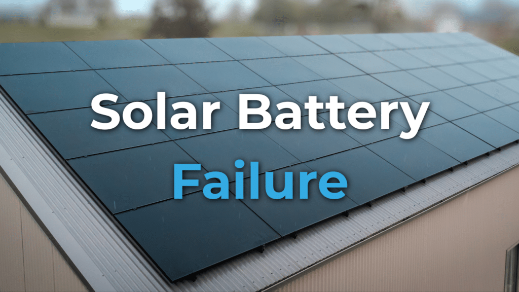 Rooftop solar panels with the text "Solar Battery Failure" overlaid on the image.