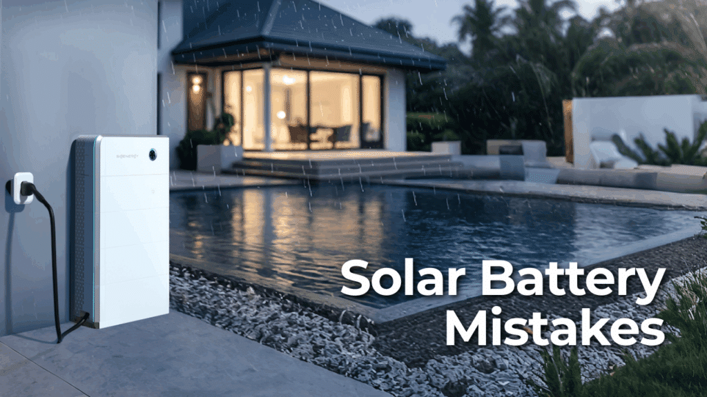 A solar battery unit is mounted on an exterior wall next to a swimming pool at a modern home, with rain falling and the text "Solar Battery Mistakes" displayed.