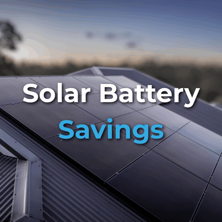 Close-up of rooftop solar panels at sunset with the text "Solar Battery Savings" overlaid on the image.