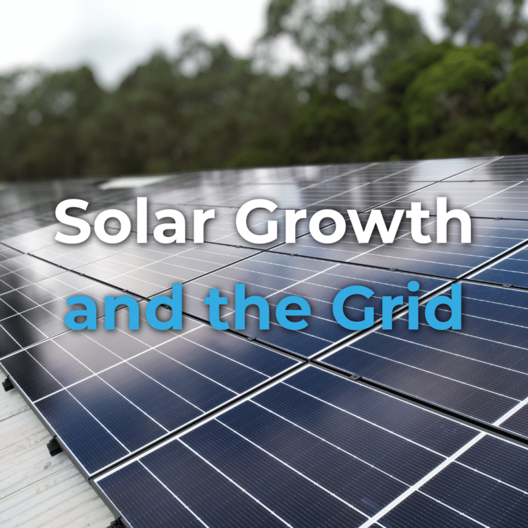 Rows of solar panels outdoors with the text "Solar Growth and the Grid" overlaid, trees and a cloudy sky in the background.