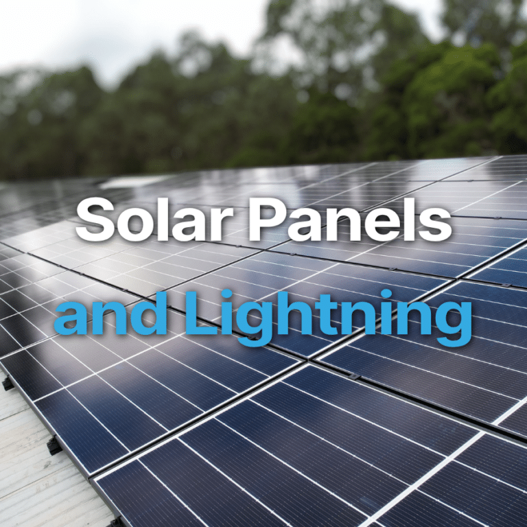 Rows of solar panels outdoors with the words "Solar Panels and Lightning" overlayed on the image. Trees are visible in the background.