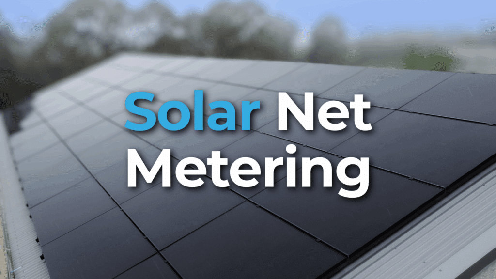 A rooftop solar panel installation with the words "Solar Net Metering" overlaid in large, bold text.
