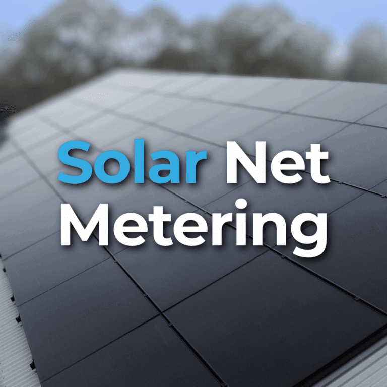 A rooftop covered with solar panels, overlaid with the text "Solar Net Metering" in large, bold letters.