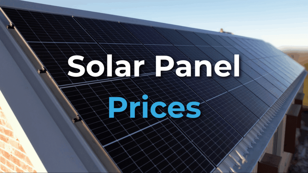 Close-up view of a rooftop solar panel array with the text "Solar Panel Prices" displayed across the image.