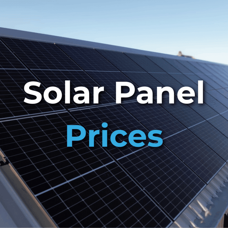 Close-up of a solar panel installed on a roof with the text "Solar Panel Prices" overlaid on the image.