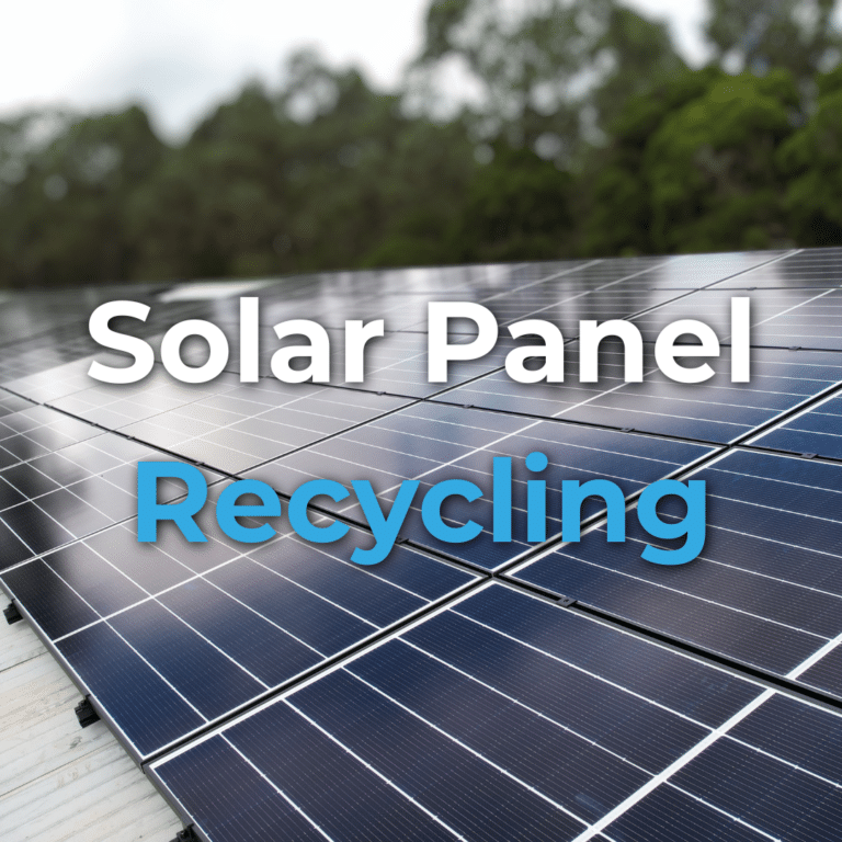 Rows of solar panels on an outdoor platform with the words "Solar Panel Recycling" overlaid in white and blue text. Trees are visible in the blurred background.