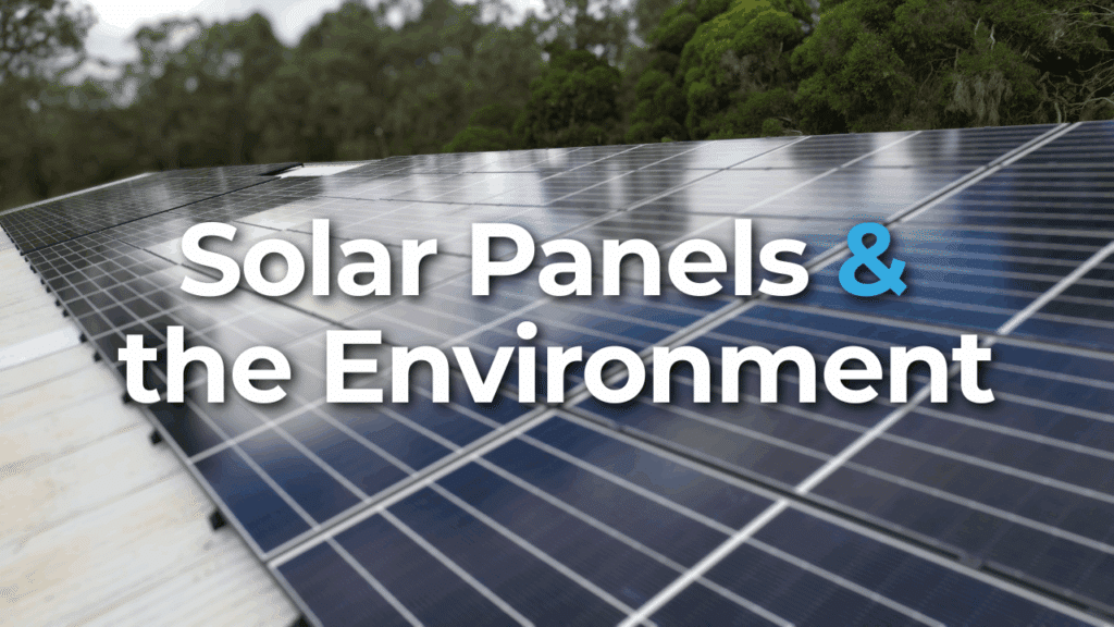 Rows of solar panels installed outdoors with trees in the background; overlaid text reads "Solar Panels & the Environment.