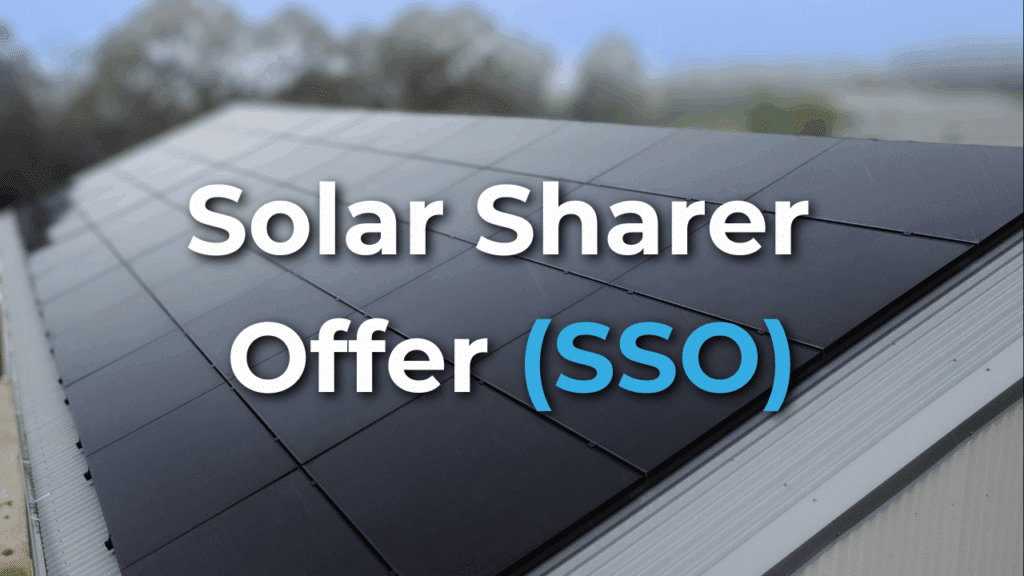Close-up of solar panels on a roof with the text "Solar Sharer Offer (SSO)" overlaid in large white and blue letters.