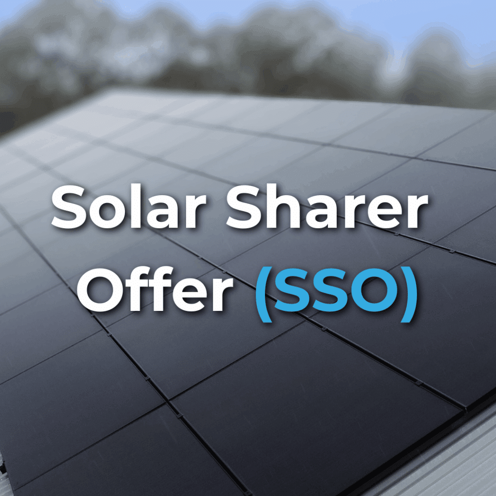 Close-up of black solar panels on a roof with the words "Solar Sharer Offer (SSO)" overlaid in white and blue text. Trees and sky are blurred in the background.