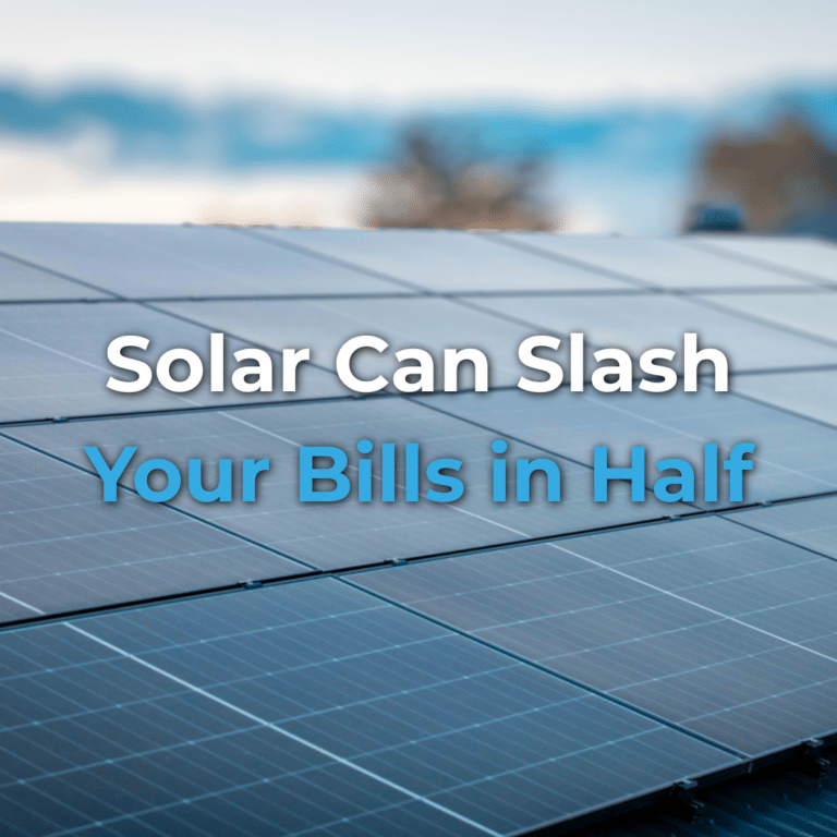 Close-up of solar panels on a rooftop with the text "Solar Can Slash Your Bills in Half" written over the image.