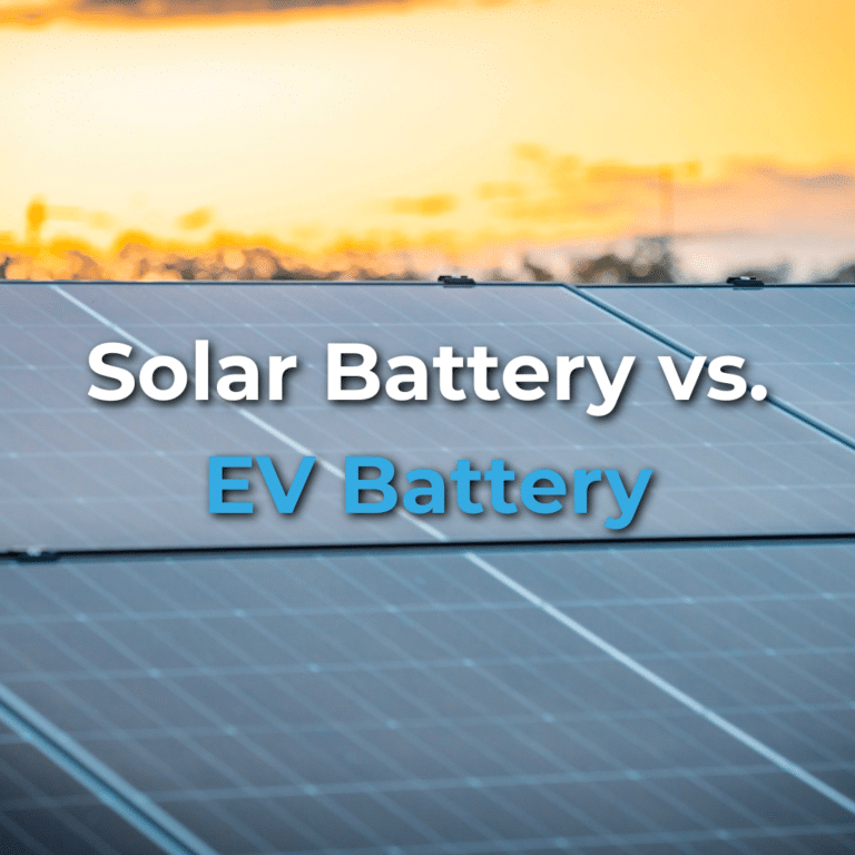 Close-up of solar panels at sunset with the text "Solar Battery vs. EV Battery" overlaid on the image.